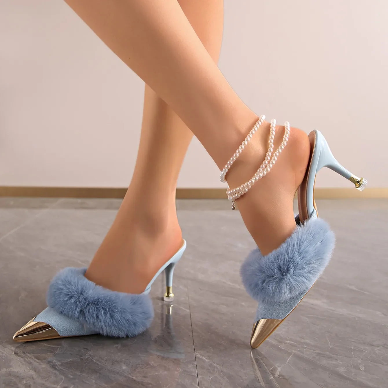Summer Women Super High Heel Sandals Furry Faux Fur Slip-on Gold Shoes Woman Sexy Pointy Toe Sandals Big Size Zapatos De Mujer