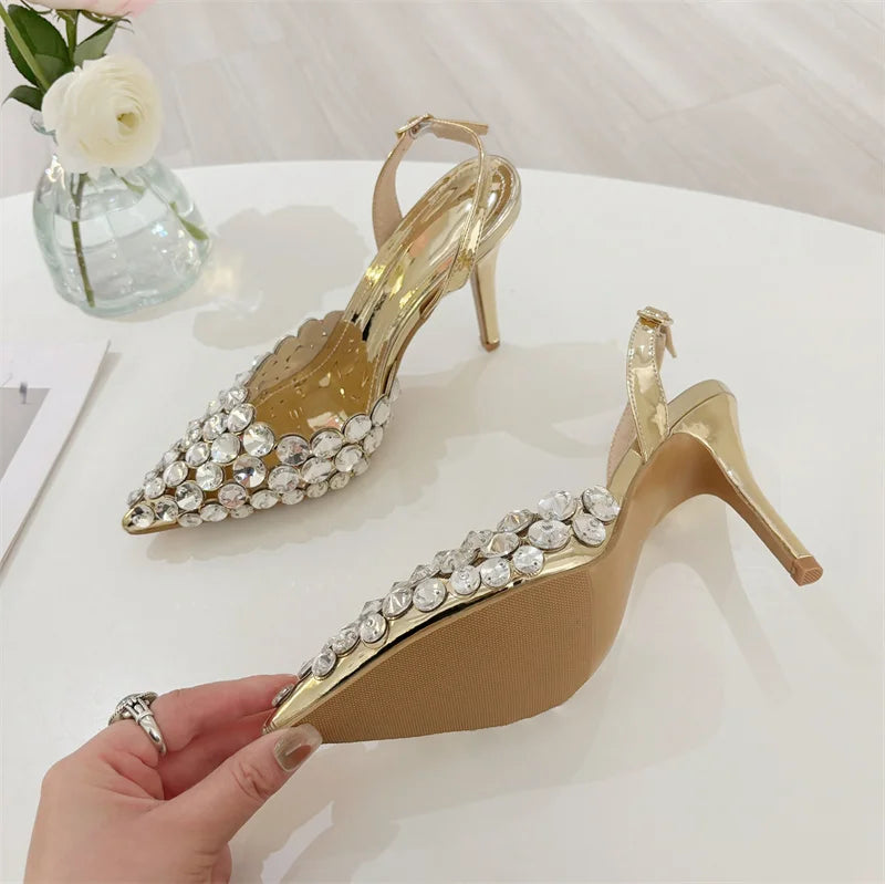 Hlieny Hollow Out Patent Leather Women Pumps Fashion Crystal Diamonds Pointed Toe Gold Silver High Heels Shoes Stiletto Sandals