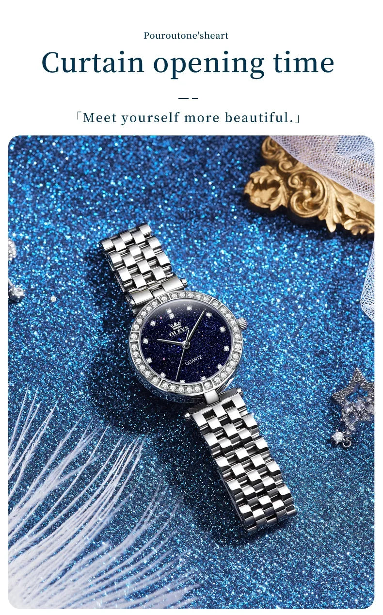 OLEVS 3641 Elegante orologio al quarzo da donna impermeabile Quadrante stellato luminoso in acciaio inossidabile con confezione regalo - Accessorio alla moda da donna