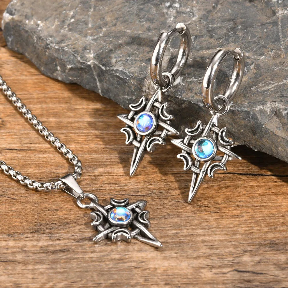 Vnox Witches Knot Moon Star Collane con ciondolo Orecchini per uomo Donna, set di gioielli con collare in pietra di luna con nodo celtico in acciaio inossidabile