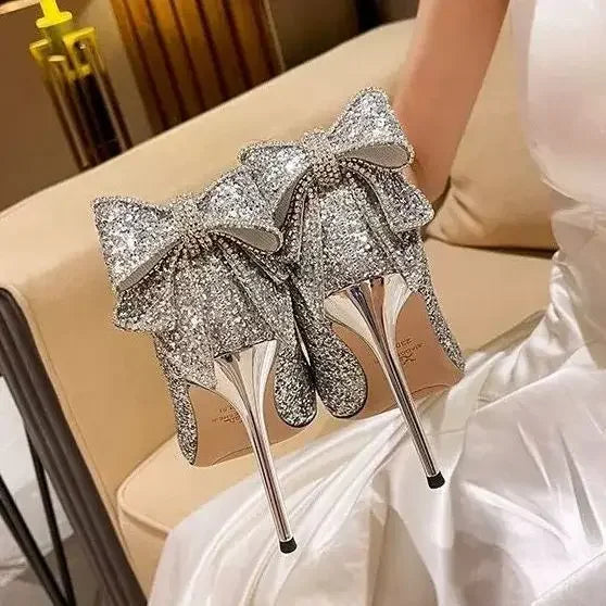 Shoes for Woman 2025 Silver Women's heeled Summer Footwear Wedding Bride Shoe Rhinestone Pointed Toe Super High Heel Diamond