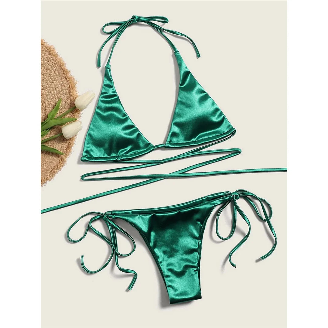 Sexy 13 colori Halter Satin Bikini brasiliano Donna Costumi da bagno Costume da bagno femminile Bikini a due pezzi Bagnante Costume da bagno Swim V4966