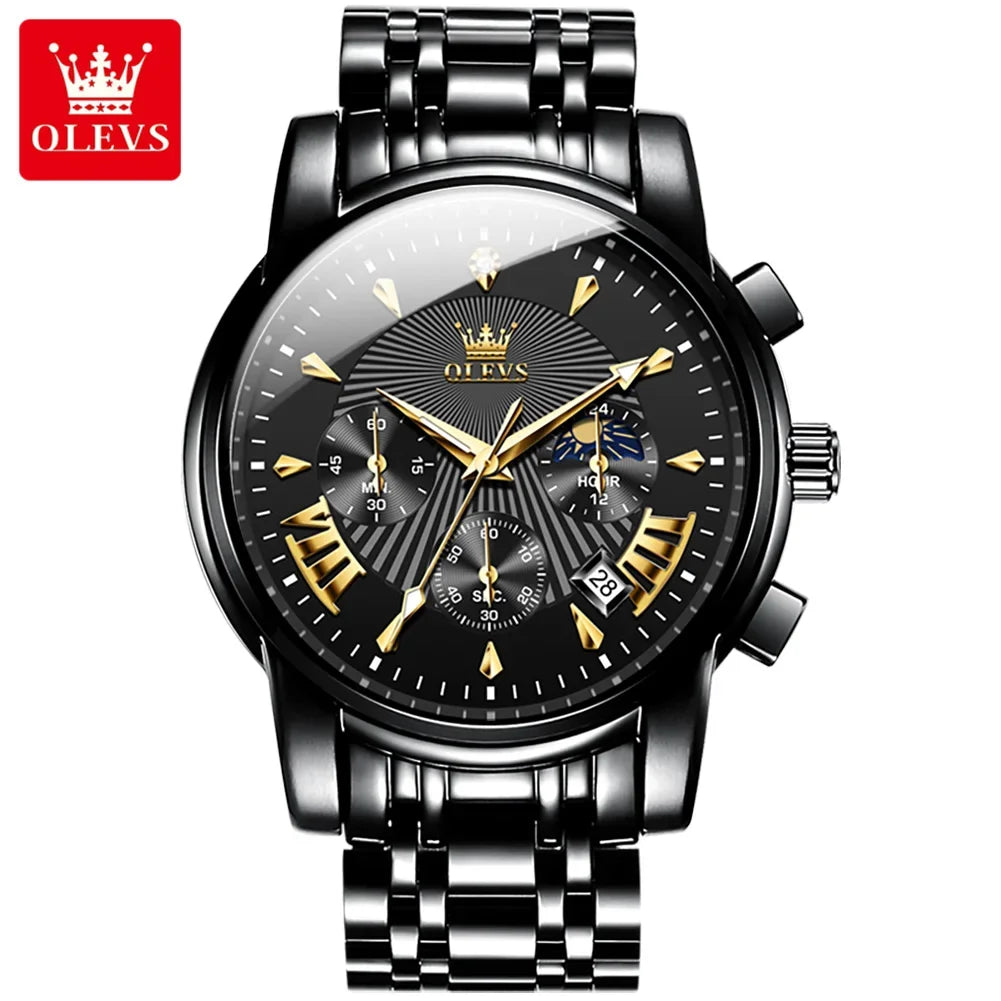 OLEVS Orologi al quarzo da uomo Orologi di marca in acciaio inossidabile Orologio sportivo impermeabile per uomo Cronografo con fasi lunari