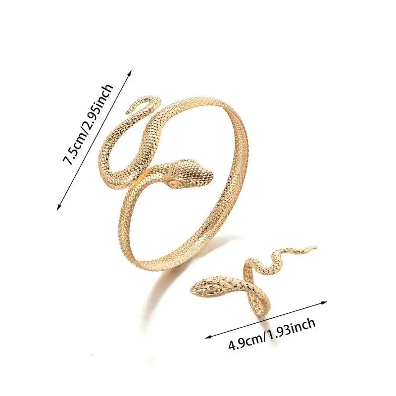 Offerta Speciale: Set di 2 Bracciali e Anelli a Forma di Serpente Punk, Bracciali Apribili a Spirale e Anelli per Dita, Gioielli per Mani Unisex