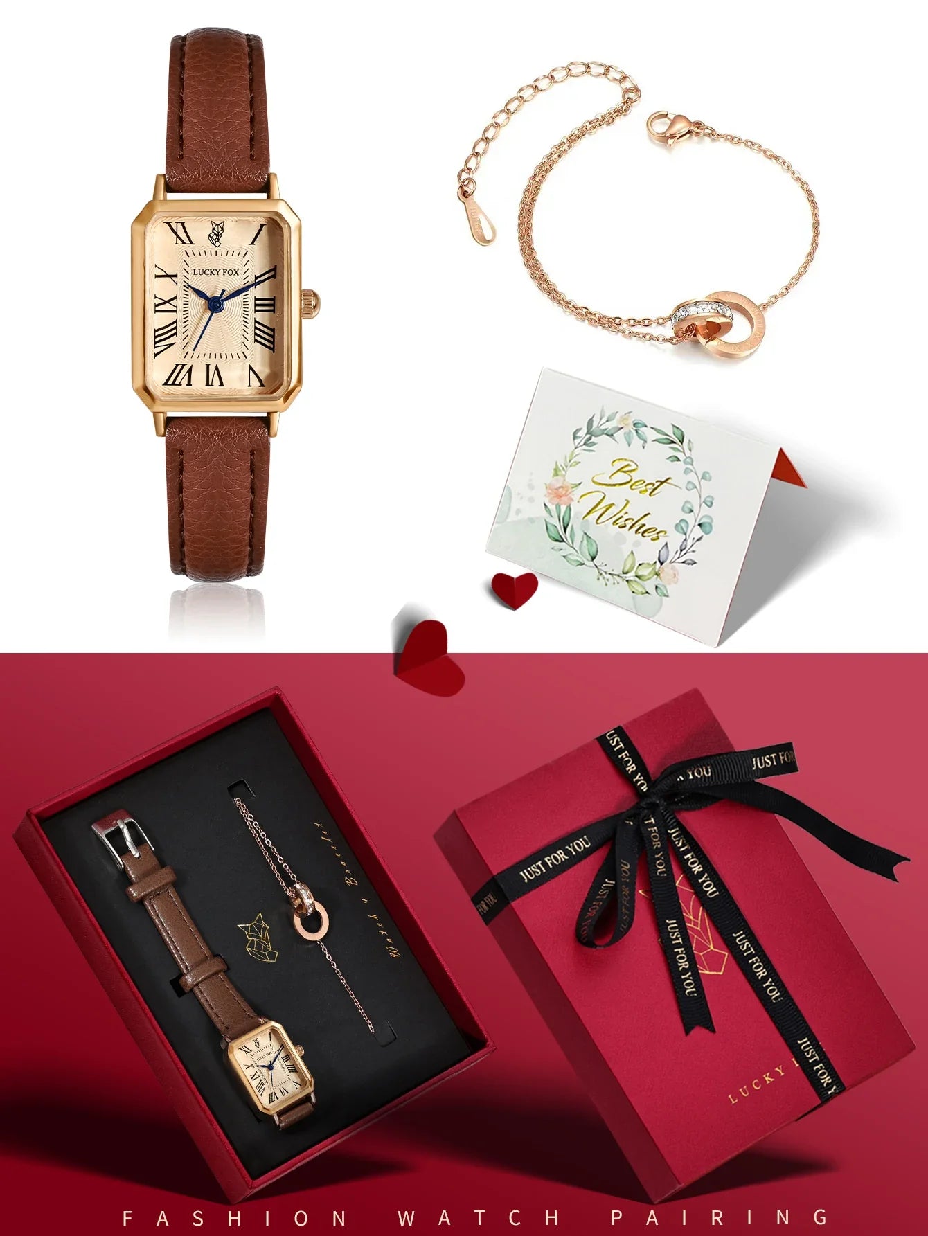 LUCKY FOX 2 pezzi confezione regalo di lusso leggera set braccialetto orologio orologio al quarzo quadrato da donna semplice e alla moda regalo del festival Reloj
