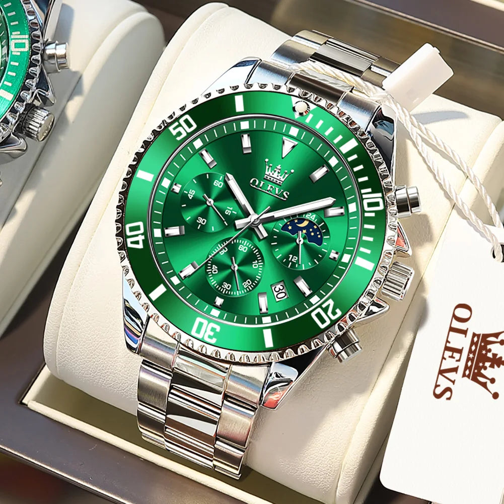 OLEVS Orologi da uomo Orologio di lusso delle migliori marche da uomo Cronografo originale impermeabile in acciaio inossidabile Fasi lunari Data Quadrante Rota