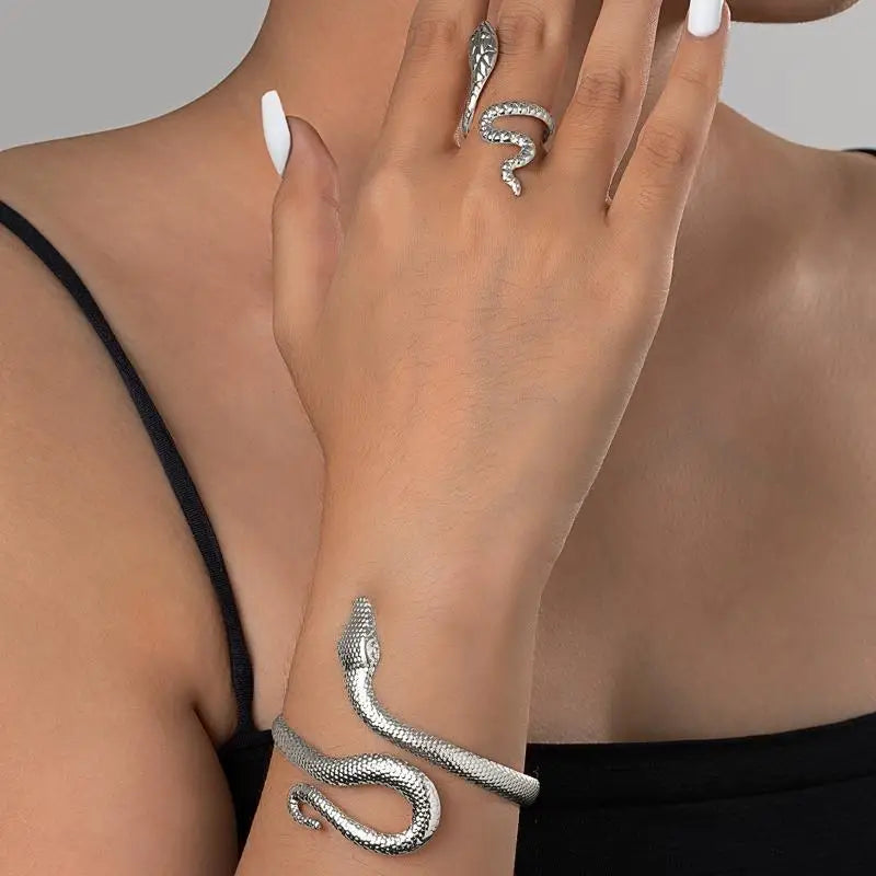 Offerta Speciale: Set di 2 Bracciali e Anelli a Forma di Serpente Punk, Bracciali Apribili a Spirale e Anelli per Dita, Gioielli per Mani Unisex