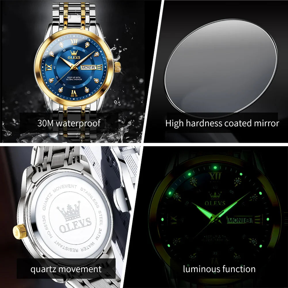 OLEVS 5513 Orologio da uomo Orologio luminoso impermeabile al quarzo originale di marca di moda per uomo Scatola per orologio con doppio calendario in acciaio inossidabile