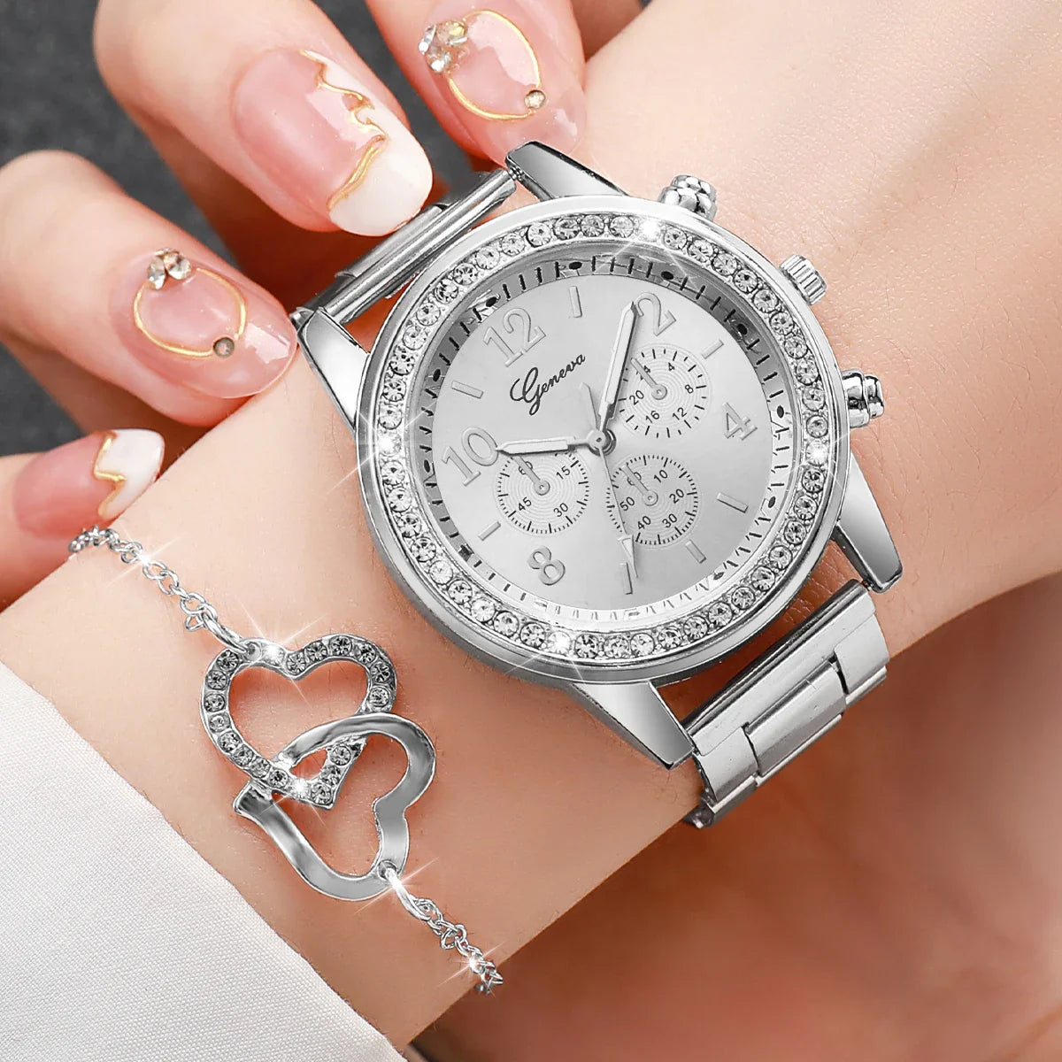 6 pezzi/set orologio da donna moda strass cinturino in acciaio inossidabile orologio al quarzo doppio cuore set di gioielli (senza scatola)