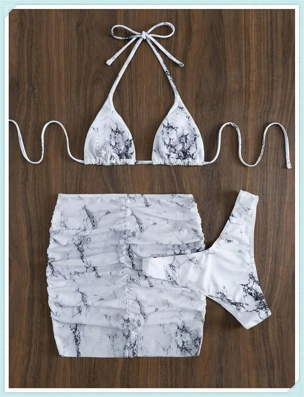 3 pezzi perizoma Bikini con gonna marmo texture costume da bagno donna costume da bagno Set costumi da bagno femminili abbigliamento da spiaggia nuoto estate