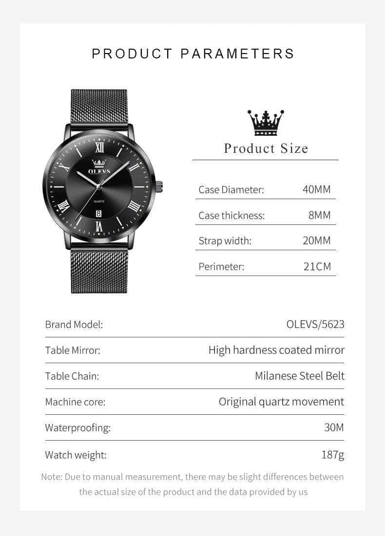 OLEVS 5623 Orologio al quarzo da uomo con quadrante minimalista con numeri romani, cinturino in maglia milanese, lancette luminose, datario, resistente all'acqua fino a 30 m