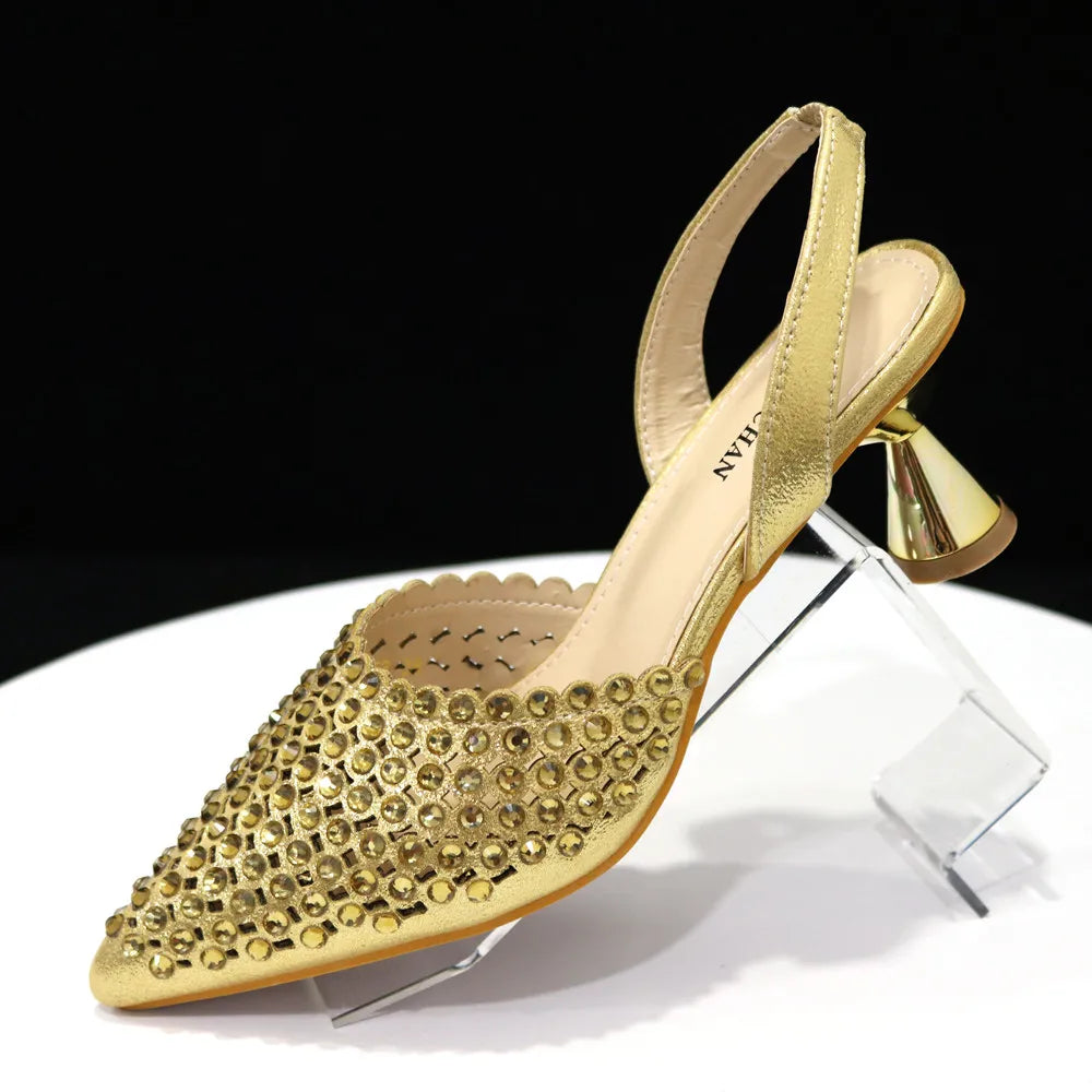 Venus Chan Pointed Toe Heels for Women 2023 Elegant Party Wine Color Full Diamond Pumps Italian Shoes and Bags Matching Set