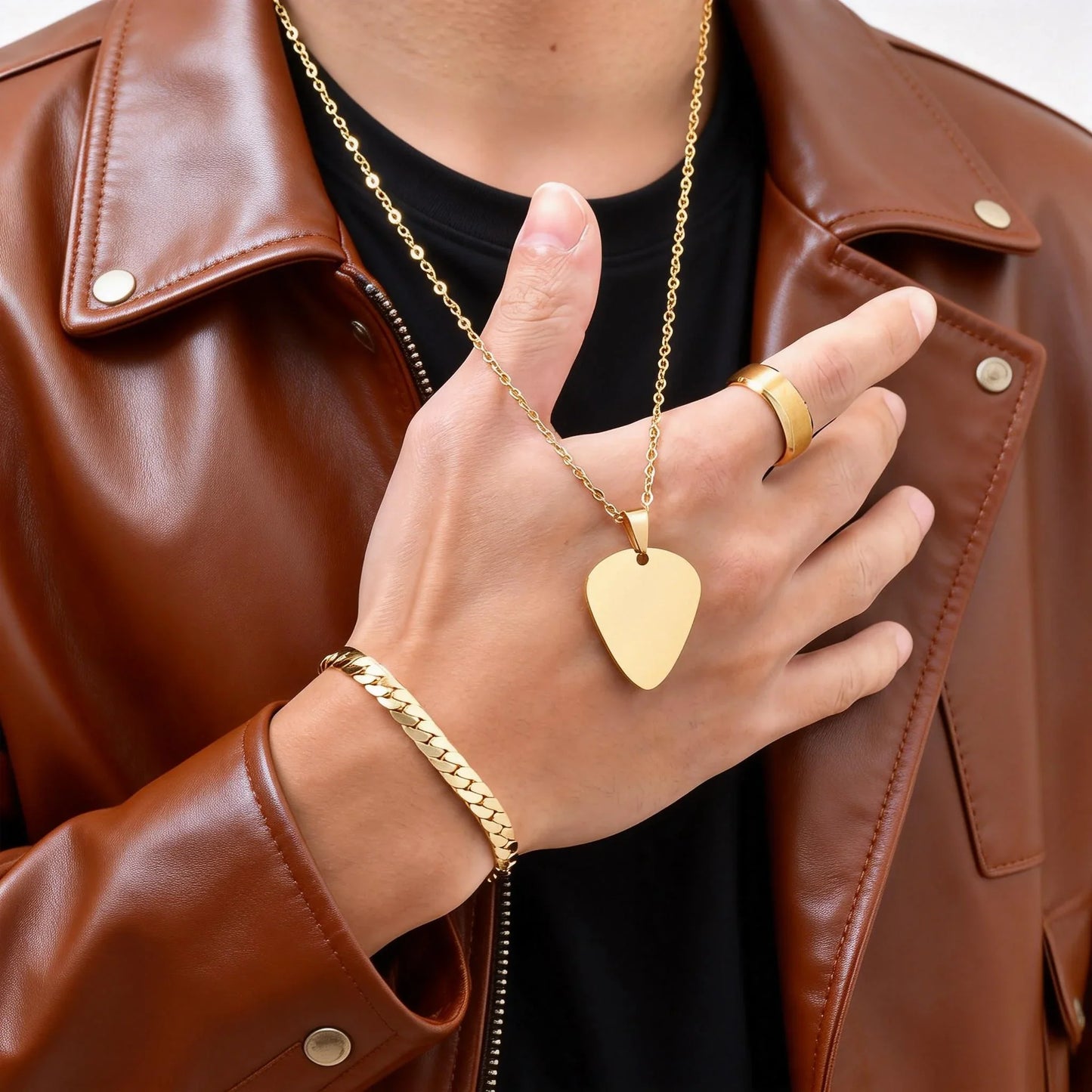 Set di 3 Pezzi: Collana con Ciondolo a Forma di Plettro per Uomo, Bracciale con Catena Cubana Piatta Stile Rock Punk, Set di Gioielli Classici da Uomo, Idea Regalo