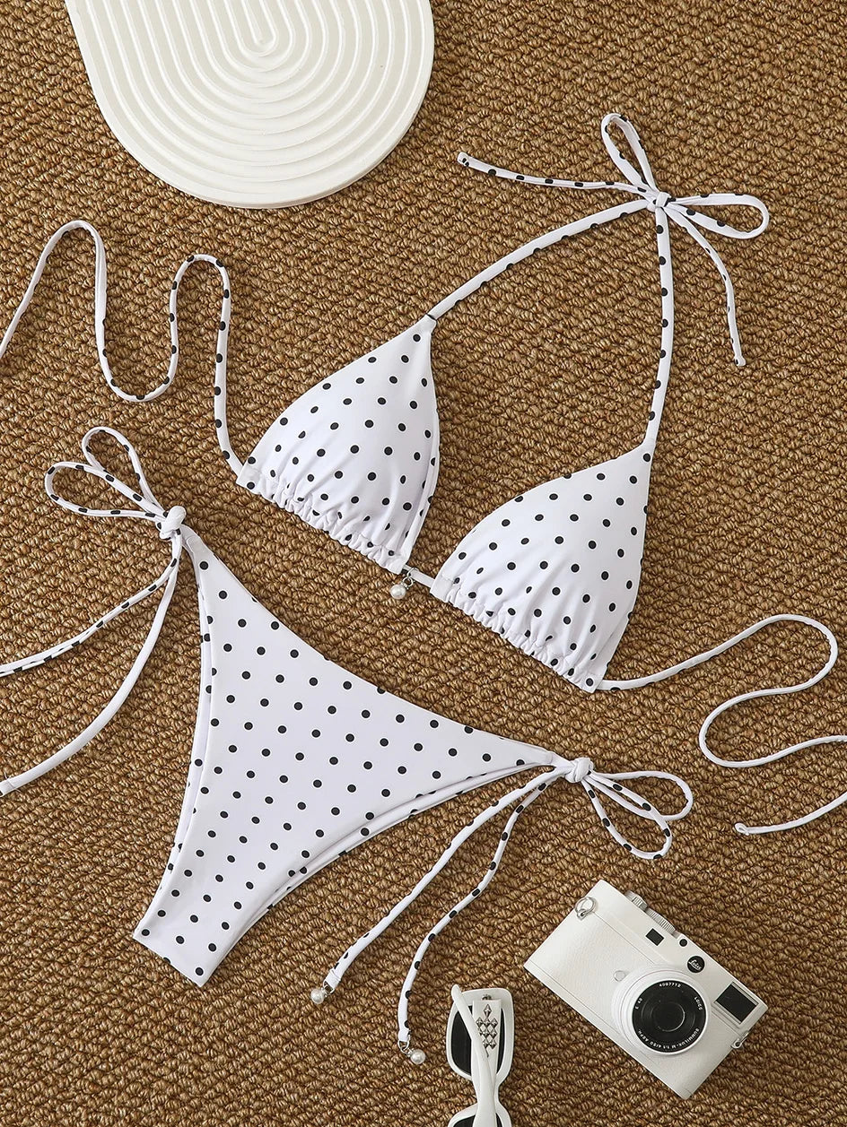 Bikini di Tendenza 2026, Costume da Bagno Sexy con Perle, Micro Bikini a Pois, Abbigliamento da Spiaggia per Donna