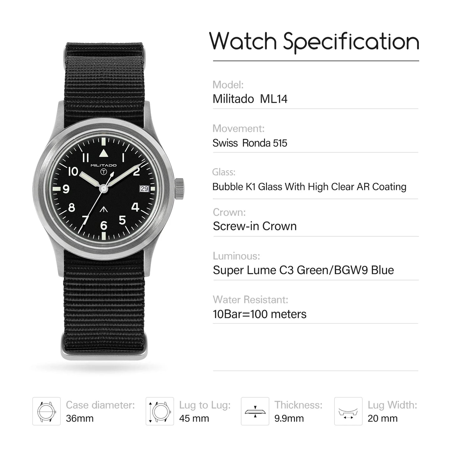 Militado ML14 36mm Orologio VH31 Sweep Secondo Movimento al quarzo Orologio Cristallo di zaffiro Super luminoso BGW9 C3 100m Orologi impermeabili