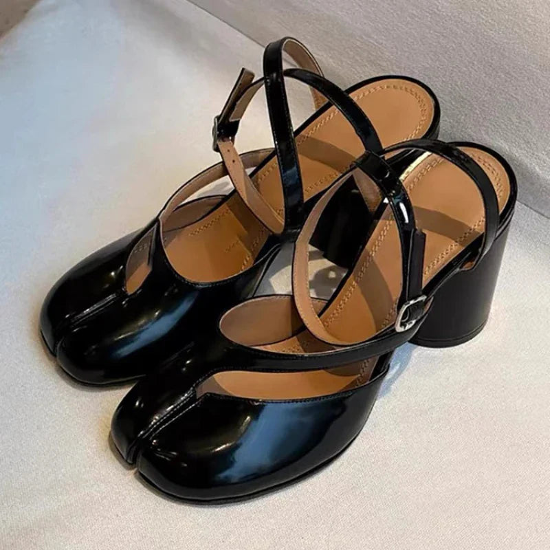 Crossed Ankle Belt Buckle Split toe Sandals Women Brand Designer Slingback Tabi Chunky High Heels INS Fashion Girls Shoes 2025