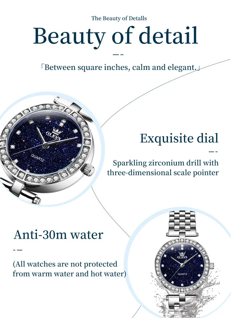 OLEVS 3641 Elegante orologio al quarzo da donna impermeabile Quadrante stellato luminoso in acciaio inossidabile con confezione regalo - Accessorio alla moda da donna