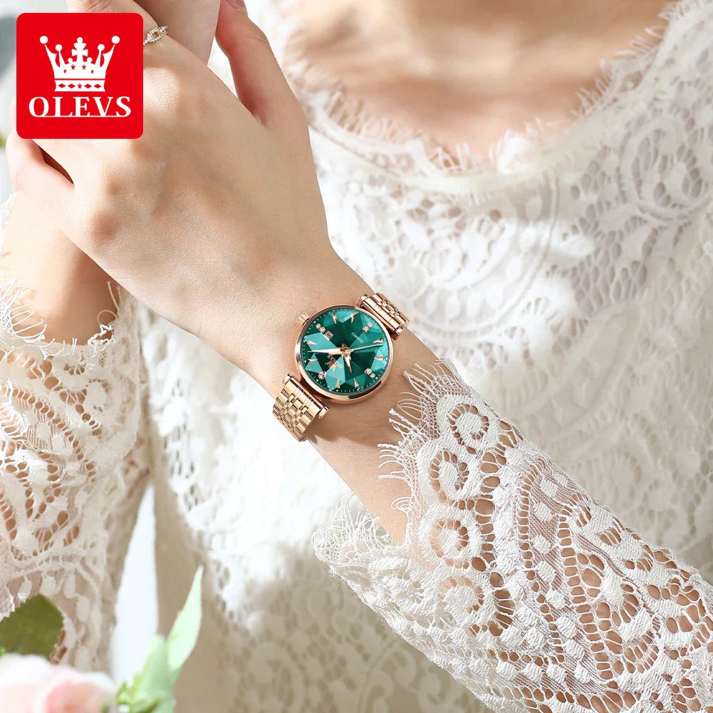 OLEVS 5536 Orologio da donna al quarzo con diamanti di marca di lusso Moda elegante orologio da donna impermeabile in oro rosa con bracciale Set Reloj Mujer