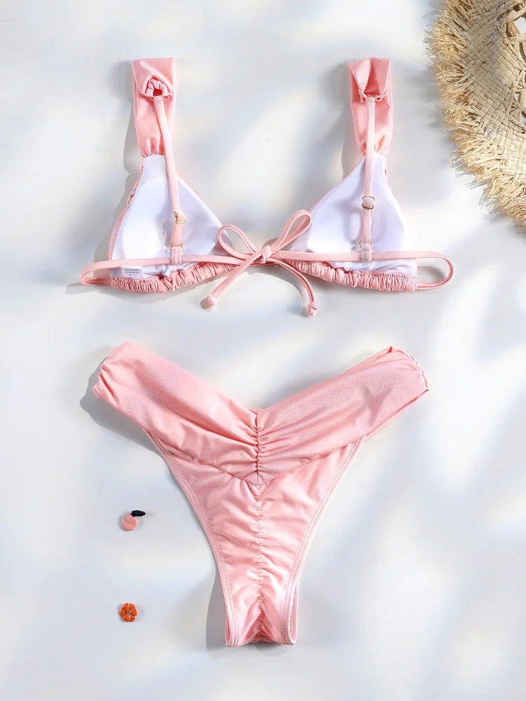 Costume da bagno bikini con pieghe sexy Micro bikini solido Costume da bagno donna Triangolo femminile Costume da bagno da spiaggia