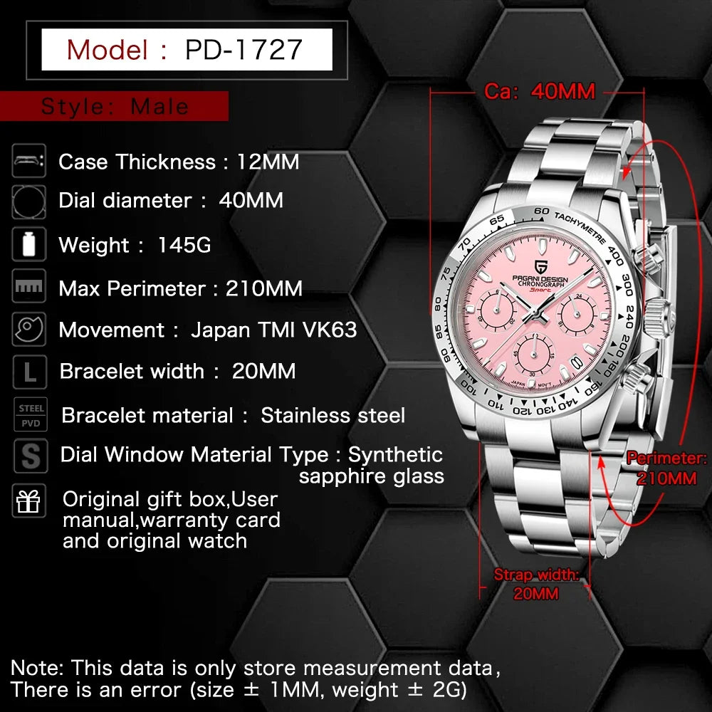 PAGANI DESIGN Nuovo orologio da polso al quarzo da uomo con lunetta in acciaio inossidabile, cronografo di lusso con vetro zaffiro VK63, orologio da uomo reloj hombre