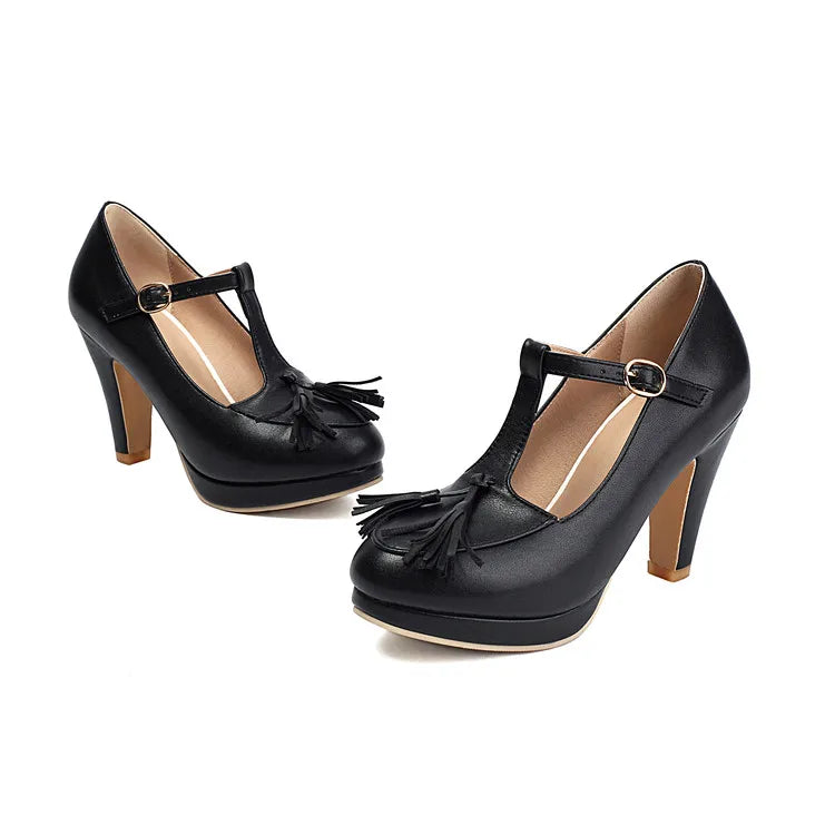 NASBAVI Fashion Female Pumps Round Toe Chunky Heels 9cm Platform 1.5cm Buckle T-Strap Tassels Plus Size 46 47 48 Sexy Shoes