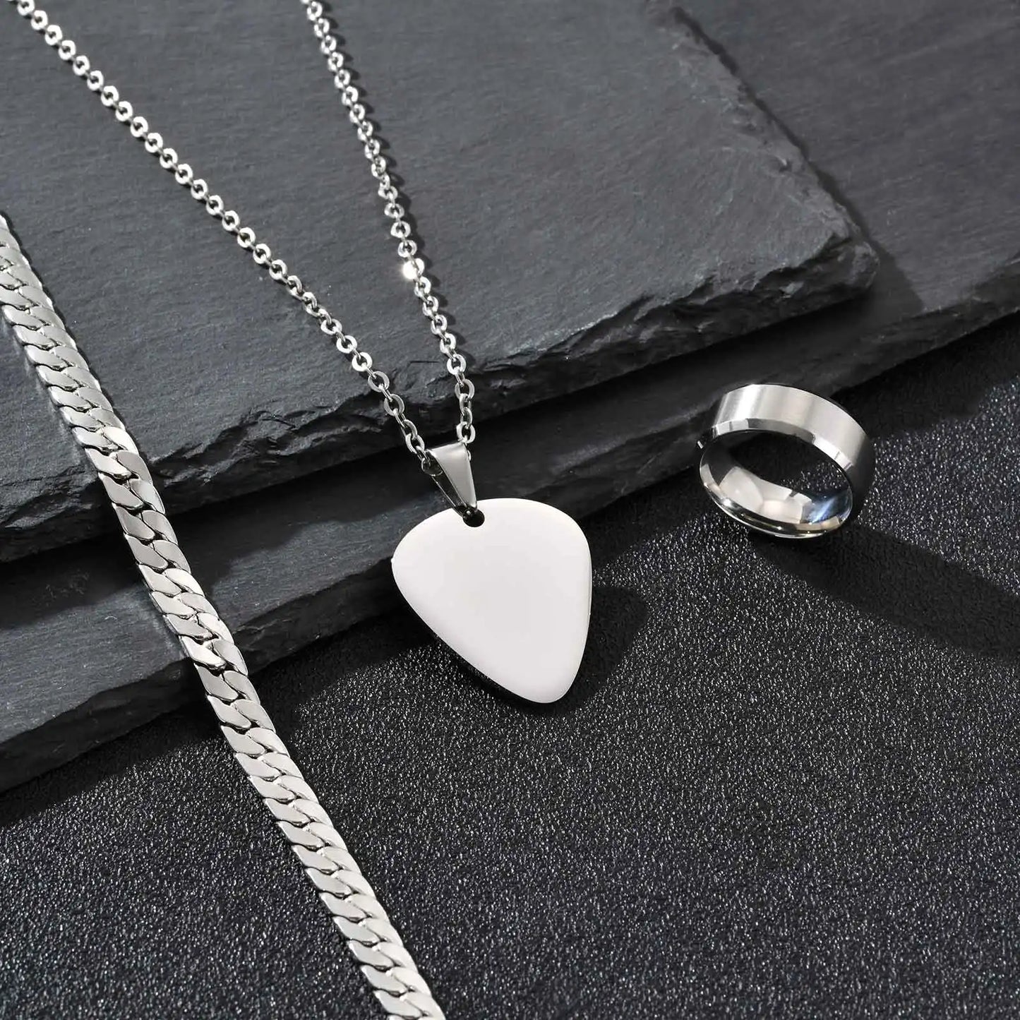 Set di 3 Pezzi: Collana con Ciondolo a Forma di Plettro per Uomo, Bracciale con Catena Cubana Piatta Stile Rock Punk, Set di Gioielli Classici da Uomo, Idea Regalo