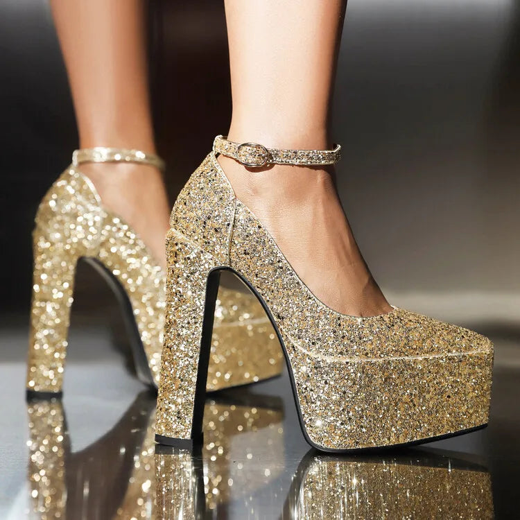 Ochanmeb Bling Bling Silver Gold Glitter Shoes Woman Ultra High Heels Platform Buckle Sequin Red Pumps Ladies Party Prom Wedding