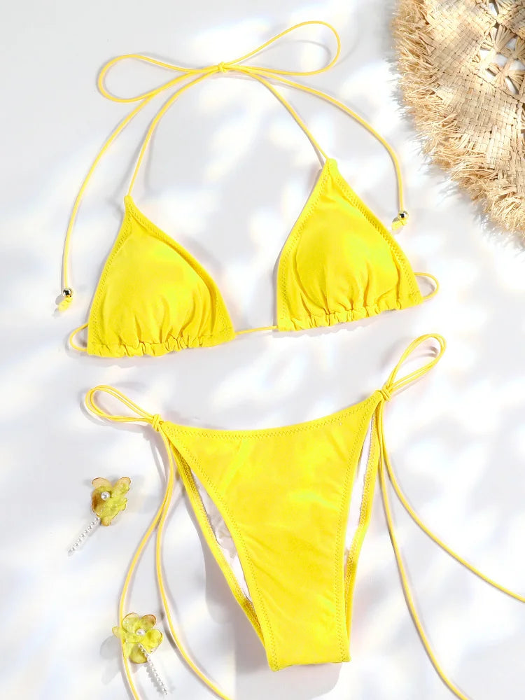 Set Bikini Triangolo Sexy Micro Thong, Costume da Bagno Donna, Biquini con Lacci, Abbigliamento da Spiaggia Stampato, Bikini Thong