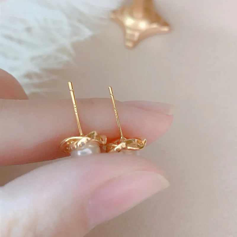 Gioielli in oro 14k di lusso Orecchini in oro reale Zircone Perla Twist Orecchini a bottone di lusso per le donne Brincos Pendientes Bijoux