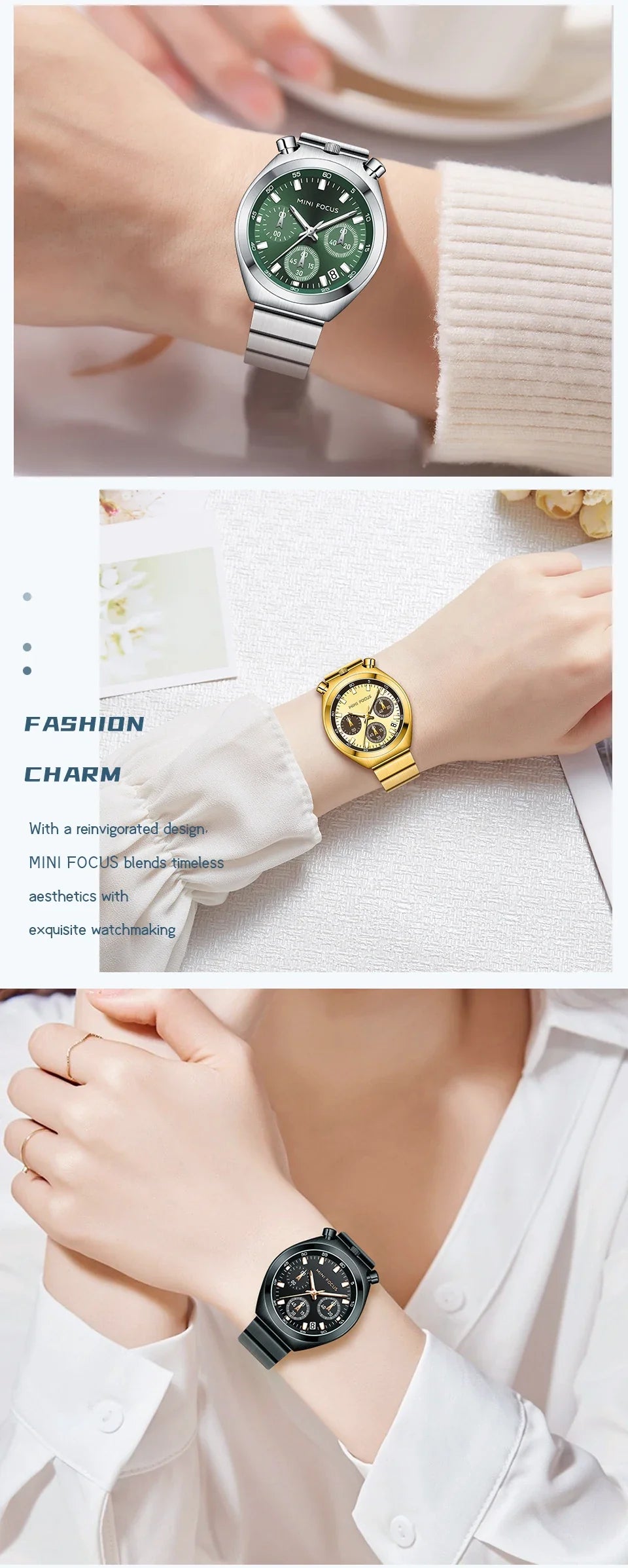MINI FOCUS Orologio al quarzo verde argento per donna Orologio da polso cronografo con cinturino in acciaio inossidabile moda con lancette luminose Data 0491
