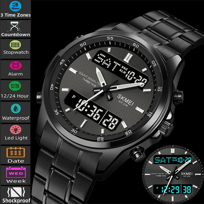 Skmei orologio da polso analogico al quarzo da uomo cinturino in acciaio inossidabile di lusso Led impermeabile digitale sportivo sveglia a tre fusi orari