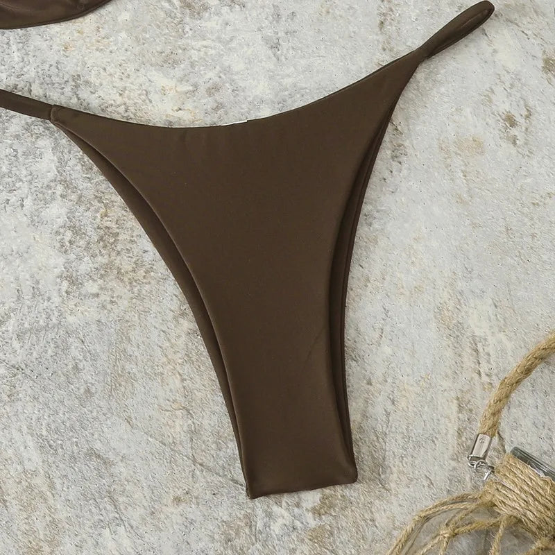 Costume da Bagno da Spiaggia alla Moda, Set Bikini a Perizoma per Donna, Sexy Costume da Bagno a Triangolo con Lacci, Due Pezzi, Stile Brasiliano, Tinta Unita