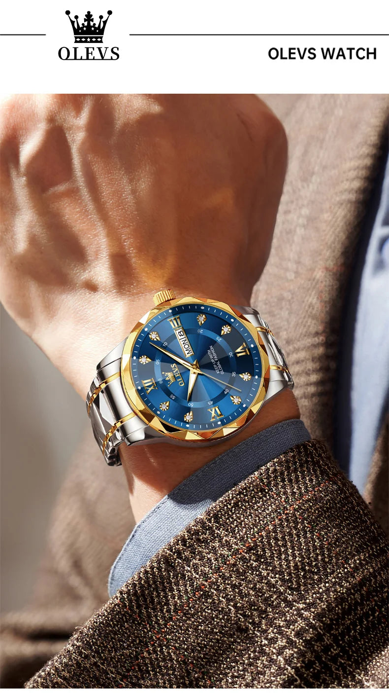 OLEVS Orologio da uomo al quarzo originale Orologio da uomo di lusso con calendario aziendale alla moda in acciaio inossidabile Orologio da specchio a forma impermeabile