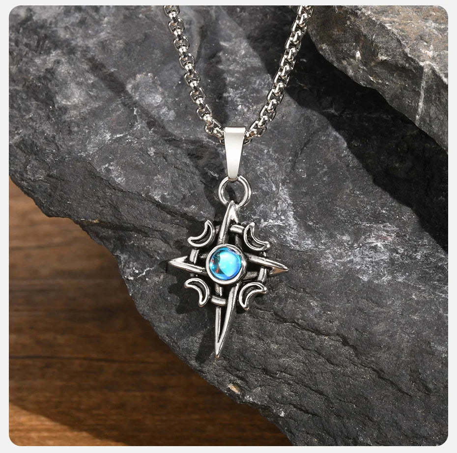 Vnox Witches Knot Moon Star Collane con ciondolo Orecchini per uomo Donna, set di gioielli con collare in pietra di luna con nodo celtico in acciaio inossidabile