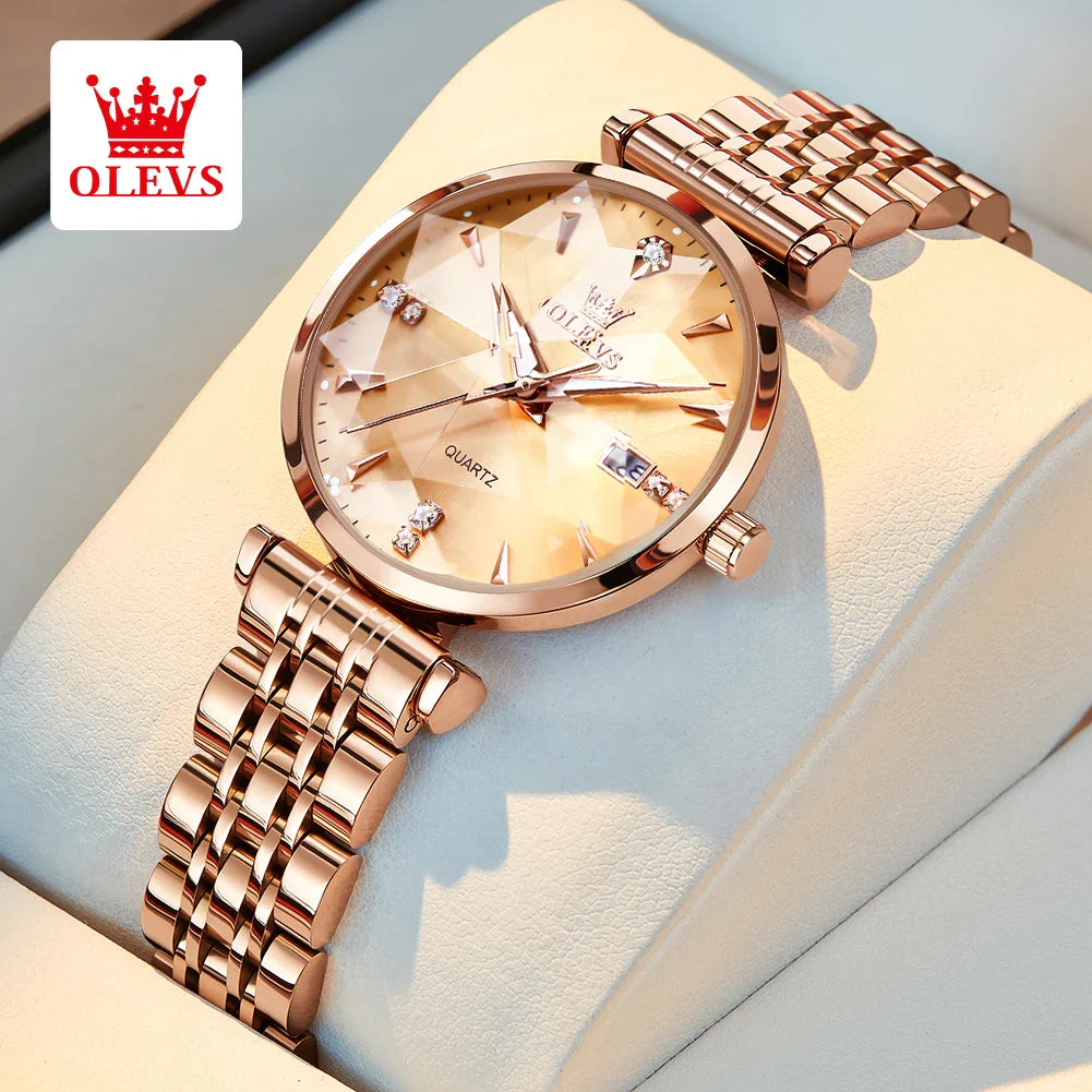 OLEVS 5536 Orologio da donna al quarzo con diamanti di marca di lusso Moda elegante orologio da donna impermeabile in oro rosa con bracciale Set Reloj Mujer