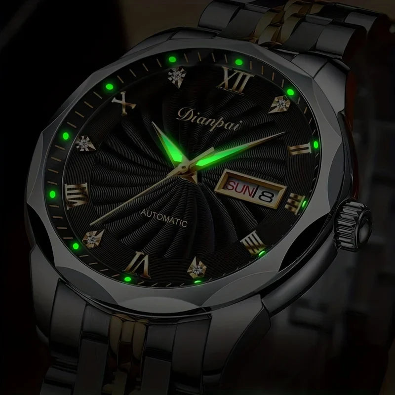 Dianpai Orologio meccanico automatico con cinturino luminoso in acciaio inossidabile, orologio nazionale da uomo alla moda.