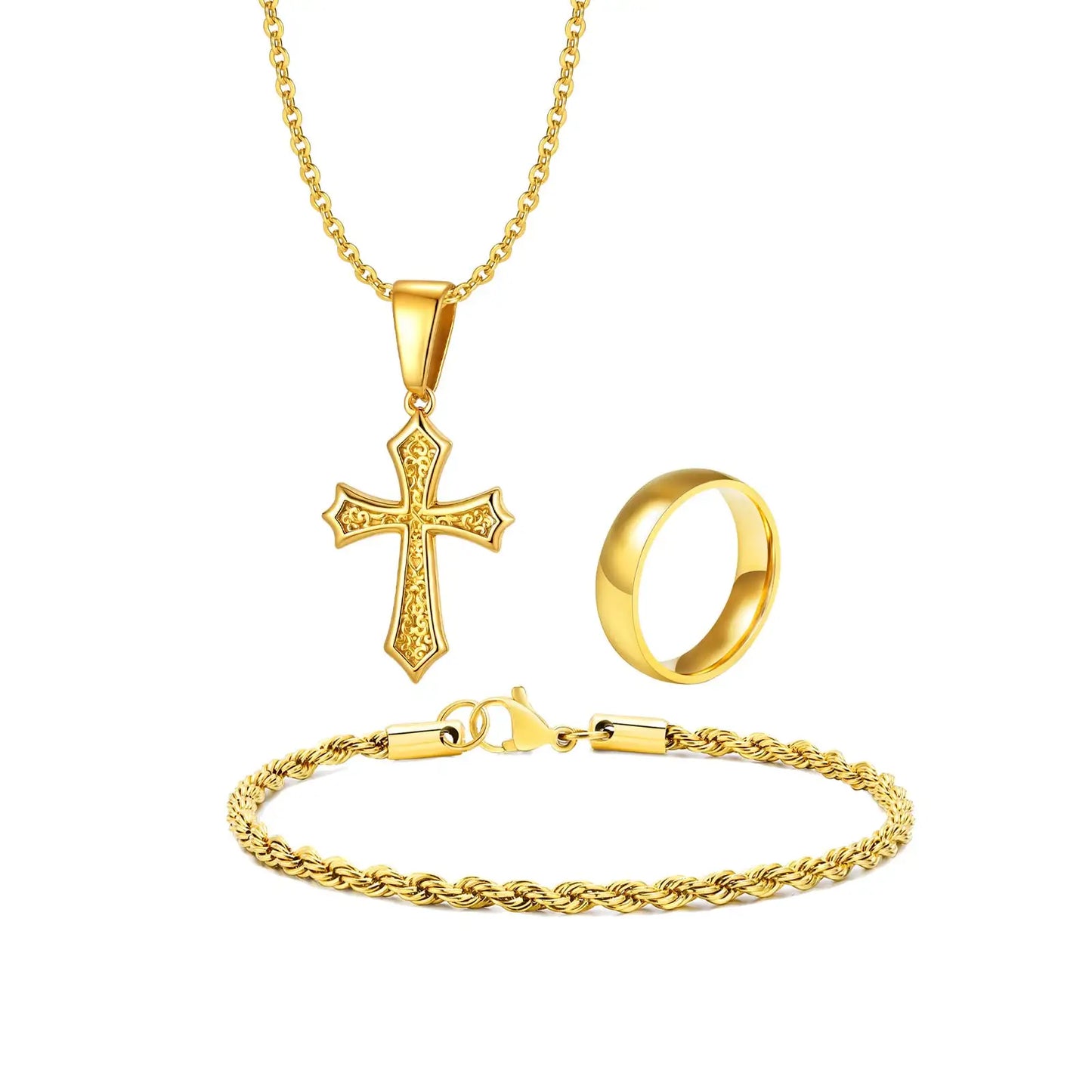Set di Gioielli Hip Hop da Uomo 3 Pezzi, Ciondolo a Croce in Acciaio Inossidabile, Bracciale con Catena a Corda Intrecciata, Set di Gioielli Regalo per Papà, Figlio, Marito