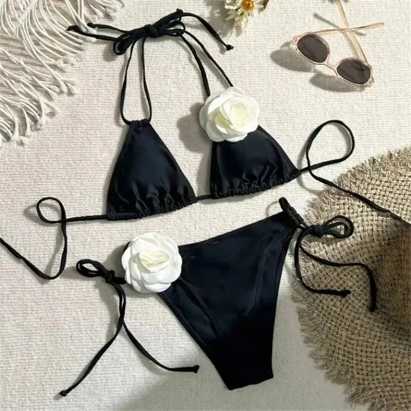 Costume da Bagno Sexy con Fiori e Fascia, Bikini a Perizoma 2025, Costumi da Bagno Donna con Lacci, Set Bikini Brasiliano, Biquini Mujer