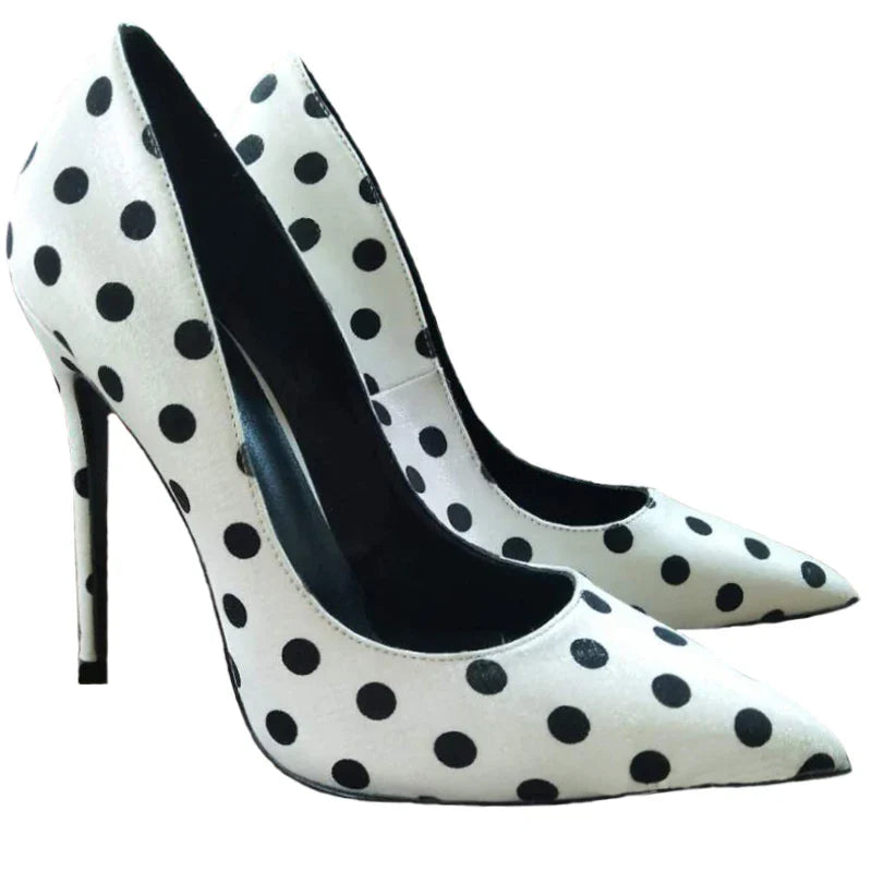 New round polka dot silk high heels with pointed toe, shallow mouth, thin heel 12cm Sexy French Girl Single Shoes
