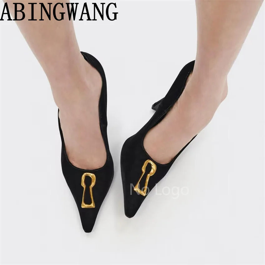 High Quality Leather Thin Heel Pumps Slip On Pointed Toe Suede Metal Shoes Women Sexy Party Sandals For Women Mujer