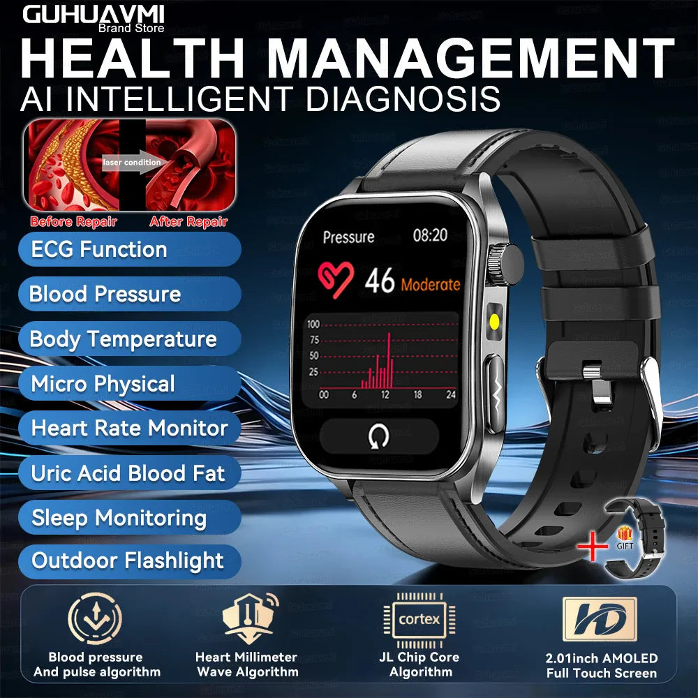 2026 Nuovo 650nm Terapia Laser Grassi nel sangue Acido urico Pressione sanguigna Smart Watch ECG + PPG Preciso Monitor di salute Smartwatch per gli uomini