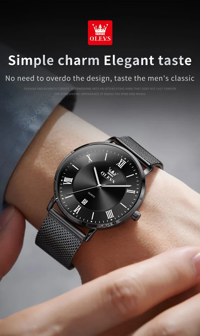 OLEVS 5623 Orologio al quarzo da uomo con quadrante minimalista con numeri romani, cinturino in maglia milanese, lancette luminose, datario, resistente all'acqua fino a 30 m