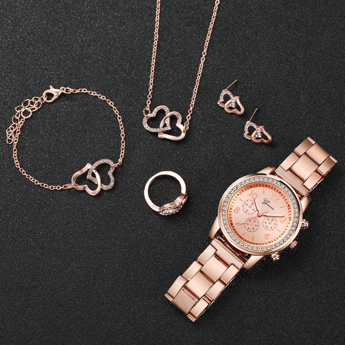 6 pezzi/set orologio da donna moda strass cinturino in acciaio inossidabile orologio al quarzo doppio cuore set di gioielli (senza scatola)