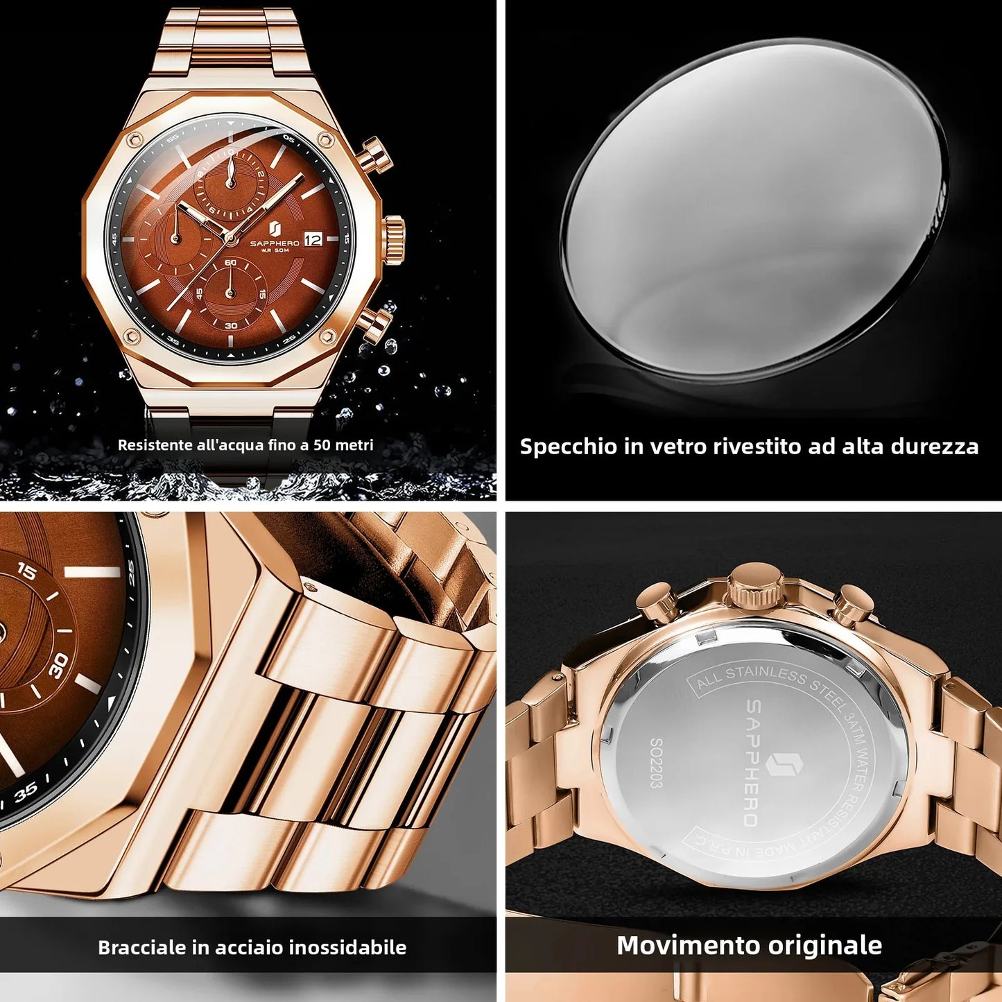 SAPHERO Orologio Cronografo Uomo al Quarzo 5ATM Impermeabile Acciaio Inox con Data, Regalo Perfetto per Padre, Marito, Fidanzato per Natale, Compleanno, San Valentino
