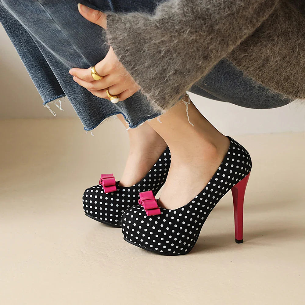 Sexy Super High Heels Women Platform Pumps Polka dot Bow Party Dress Shoes Woman Elegant Wedding Shoes Female 12cm Stilettos