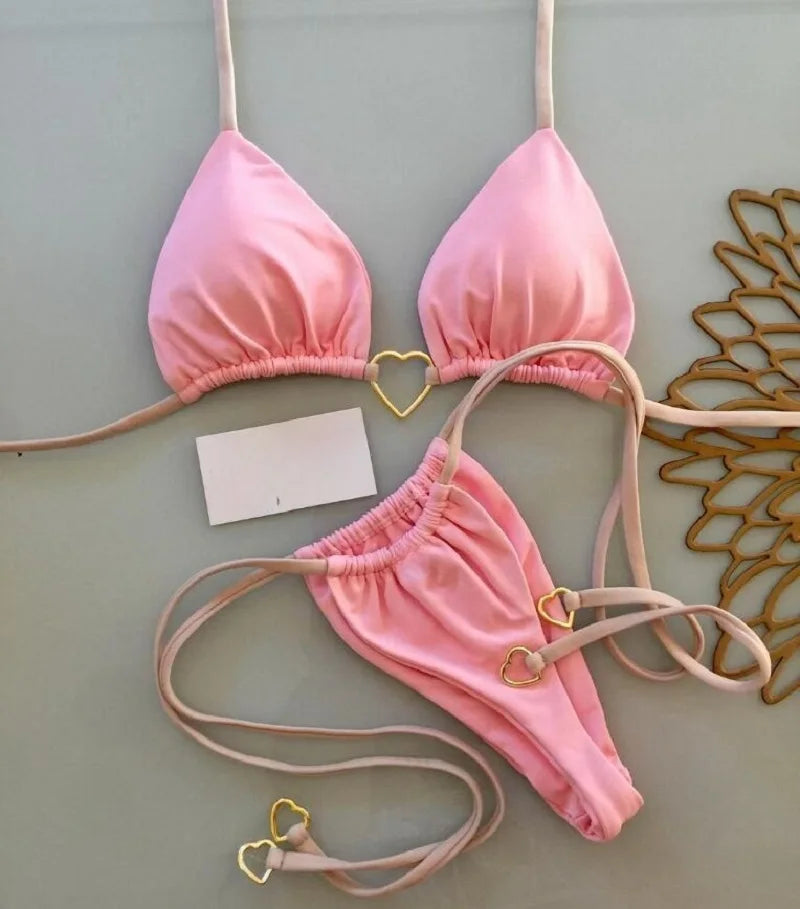 Costume da bagno bikini sexy da donna a tinta unita, due pezzi, rosso