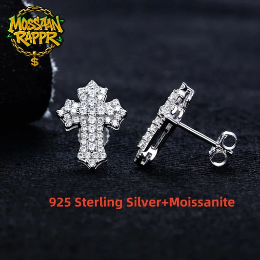 MossanRappr 0.78cttw Moissanite Iced out Croce Orecchini a bottone in argento sterling 925 D Colore Gioielli eleganti e alla moda per uomo
