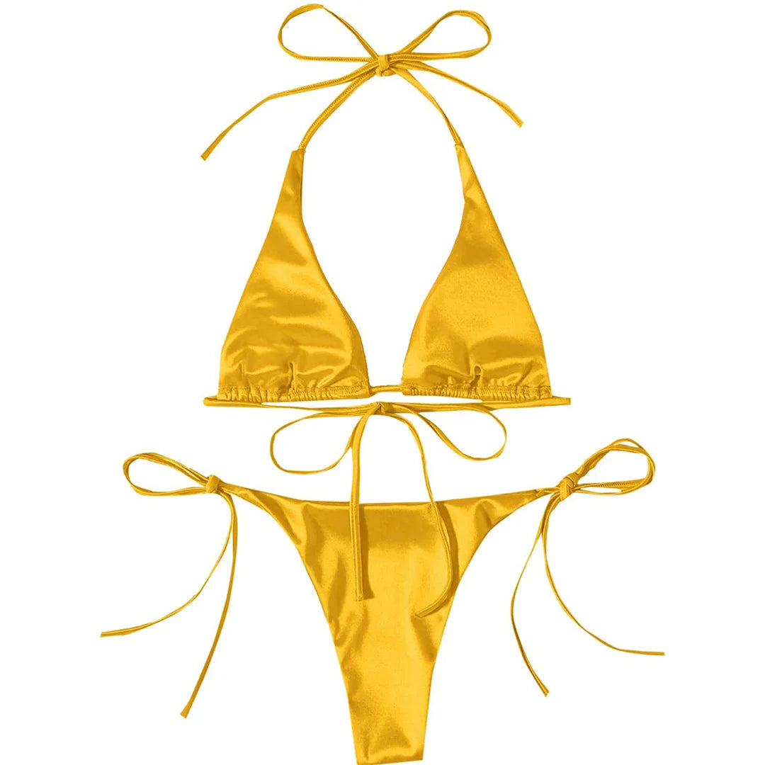 Sexy 13 colori Halter Satin Bikini brasiliano Donna Costumi da bagno Costume da bagno femminile Bikini a due pezzi Bagnante Costume da bagno Swim V4966