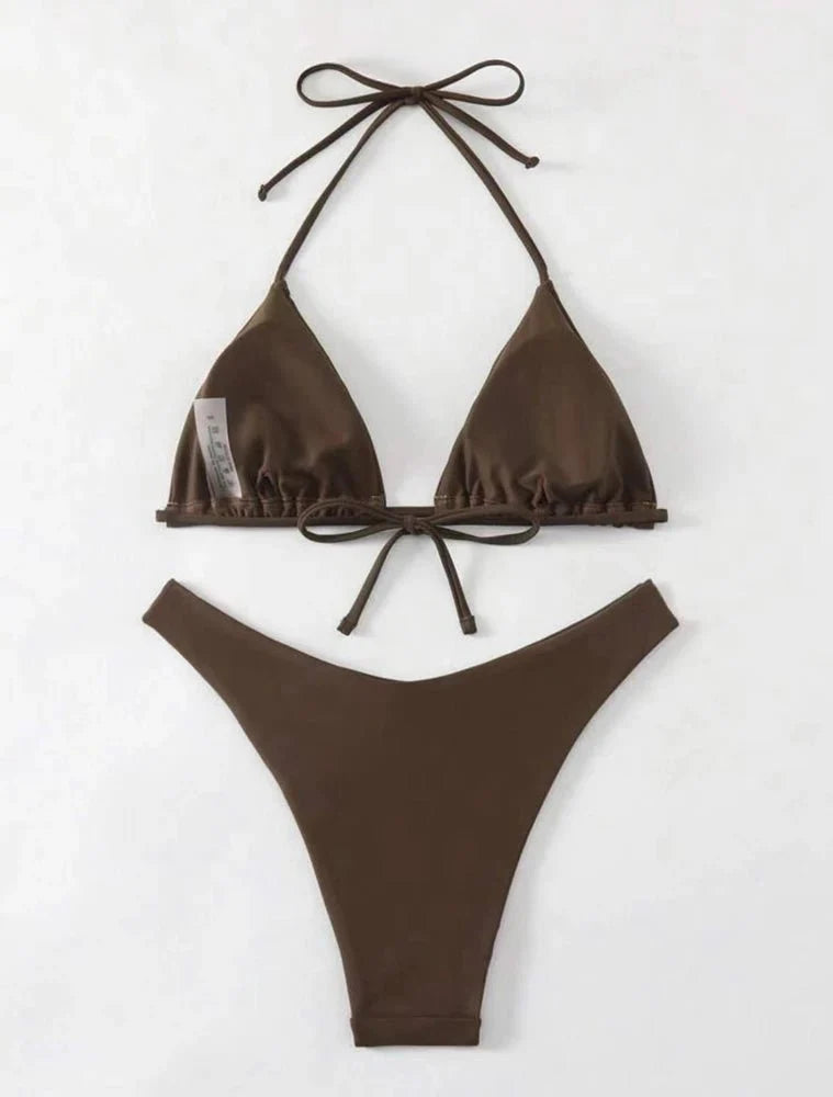 Costume da bagno bikini a perizoma da donna sexy, tinta unita bianco/nero/caffè, con laccetti, stile brasiliano, nuovo, in doppio tessuto, per la spiaggia