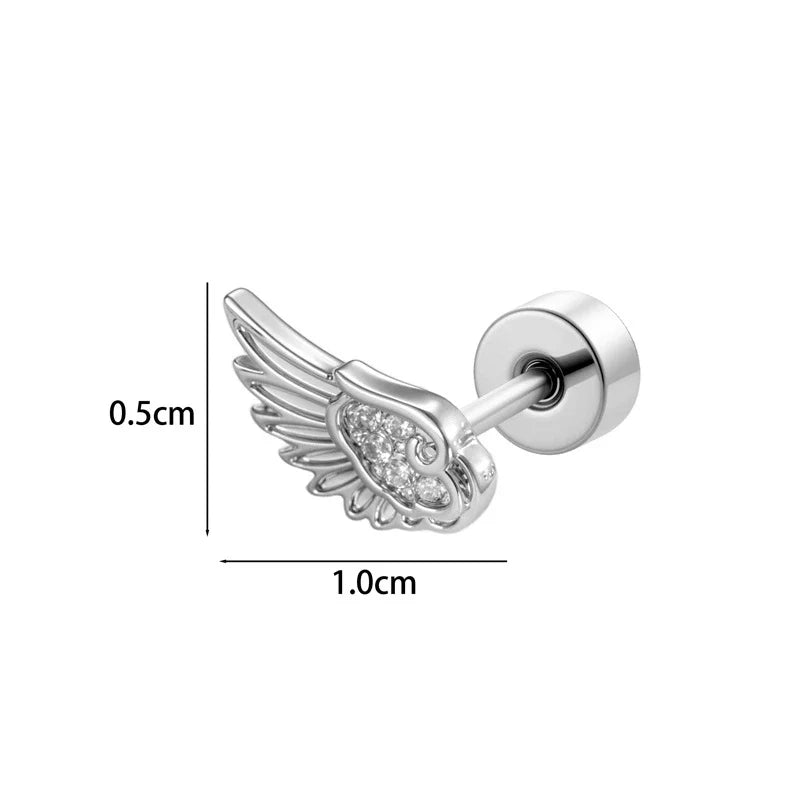 New Fashion Love Wings Cross Acciaio inossidabile Osso dell'orecchio Chiodo Zircone lucido Orecchino con filo alla moda per le donne Accessorio per piercing al corpo